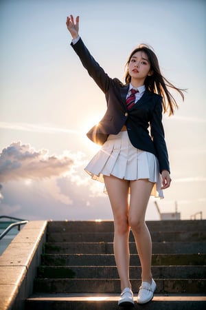 masterpiece, highest quality, 8K, RAW photo, Realism, Raw photo, Photography, Realism, photorealistic,
BREAK
1 Japanese girl, 16 years old, cute face, (haircut of uniform length), (one length), Beautiful shiny black hair, straight hair, Clear white skin, pale skin, blush, full-face blush, bashful, 
BREAK
high school uniform, Checked scarf, navy blue blazer, navy blue skirt, pleated long skirt, white panties, ((brown loafers)),
((full body to the toes)), beautiful long legs, thighs, 
standing, looking down from the top of the school stairs, angle from below, (wind blow), ((lift up skirt by wind)), dimly lit, evening, dusk, red sunset sky,