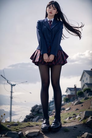 masterpiece, highest quality, 8K, RAW photo, Realism, Raw photo, Photography, Realism, photorealistic,
BREAK
1 Japanese girl, 16 years old, cute face, (haircut of uniform length), (one length), Beautiful shiny black hair, straight hair, Clear white skin, pale skin, blush, full-face blush, bashful, 
BREAK
high school uniform, Checked scarf, navy blue blazer, navy blue skirt, pleated long skirt, white panties, ((brown loafers)),
((full body to the toes)), beautiful long legs, thighs, 
standing, looking down from the top of the school stairs, angle from below, (wind blow), ((lift up skirt by wind)), dimly lit, evening, dusk, red sunset sky,komi_sch