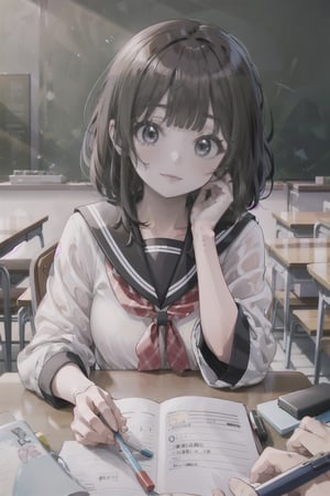 masterpiece,  highest quality,  8K,  RAW photo,
BREAK
1 japanese girl, high school student, school uniform, pale white skin, white skin, white shirt, ribbon, (navy blue pleated skirt), Study while sitting in a chair, Focus on the task at your desk, hair flip, head tilt, big smile, 
BREAK
The room is dimly lit,  evening, magic hour,Classroom,
