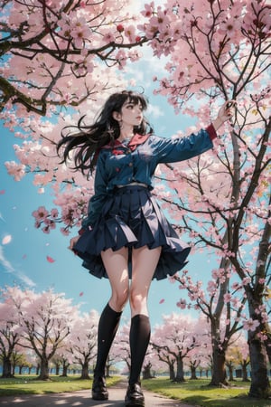 masterpiece,  highest quality,  8K,  RAW photo,
BREAK
1 japanese girl, high school student, school uniform, big breast, (haircut of uniform length), (one length), Beautiful shiny black hair, straight hair, messy hair, pale white skin, white skin, full body to the toes,  beautiful thighs, (navy blue pleated skirt), 
BREAK
profile, looking up, close eyes, standing under the cherry trees, ((Cherry blossom storm)), cherry blossom petals are falling, reach out a hand, ((angle from below)), dimly light,  at night, high_school_girl, best quality,CherryBlossom_background,DonMS4kur4XL