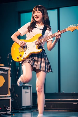 masterpiece,  highest quality,  8K,  RAW photo,
BREAK
1 japanese girl, high school student, school uniform, big breast, (haircut of uniform length), (one length), Beautiful shiny black hair, straight hair, pale white skin, white skin, full body to the toes,  beautiful thighs, (navy blue pleated skirt), bellybutton, jumping, ((She is playing the electric guitar)), with big smile, the guitar is gibson FLYING V, 
BREAK
classroom, angle from below, dimly light,  at night, high_school_girl, best quality,