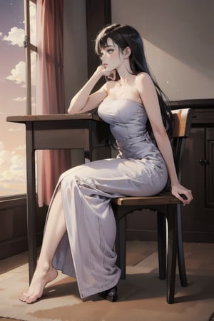 masterpiece, highest quality, 8K, RAW photo, Realism, Raw photo, Photography, Realism, photorealistic,
BREAK
1 Japanese girl, 18 years old, beautiful face, one length hair, Beautiful shiny black hair, straight hair, Clear white skin, pale skin, big breast, blush,
BREAK
((low gauge knit long dress, tube top)), barefoot, 
((full body to the toes)), beautiful long legs, thighs, 
profile, sitting on chair, lie down on a desk, classroom, dimly lit, evening, dusk, red sunset sky, 