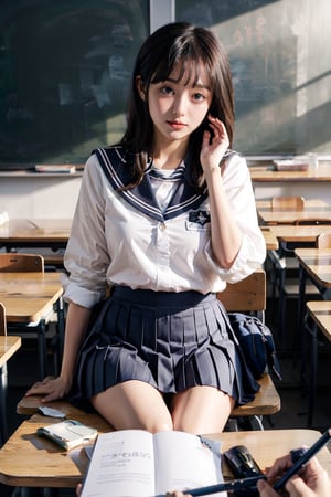 masterpiece,  highest quality,  8K,  RAW photo,
BREAK
1 japanese girl, high school student, school uniform, pale white skin, white skin, white shirt, ribbon, (navy blue pleated skirt), beautiful long legs, beautiful thighs, school desk, taking a seat, taking notes on the desk, Gestures of hair over the ears,
BREAK
The room is dimly lit,  evening, magic hour,Classroom,