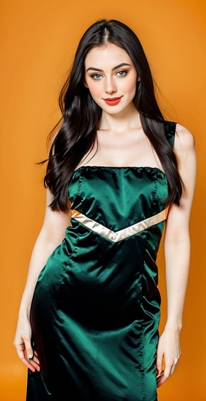 woman, beautiful face, perfect face, blue eyes fully black hair, straight hair, pale white skin, light pale white skin, little smile, perfect, fully hot green and orange background, hot harlequin green and orange background, saturated harlequin orange and dark green
, golden objects around, best quality, professional studio lighting, details, canon eos 80d photo, indoor, long dress body covering