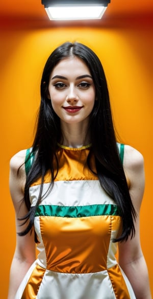 woman, beautiful face, perfect face, blue eyes fully black hair, straight hair, pale white skin, light pale white skin, little smile, perfect, fully hot green and orange background, hot harlequin green and orange background, saturated harlequin orange and dark green
, golden objects around, best quality, professional studio lighting, details, canon eos 80d photo, indoor, long dress body covering