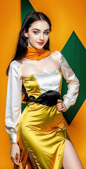 woman, beautiful face, perfect face, blue eyes fully black hair, straight hair, pale white skin, light pale white skin, little smile, perfect, fully hot green and orange background, hot harlequin green and orange background, saturated harlequin orange and dark green
, golden objects around, best quality, professional studio lighting, details, canon eos 80d photo, indoor, long dress body covering