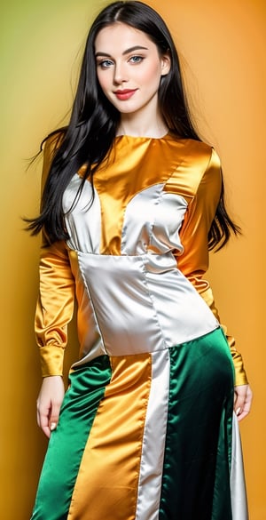 woman, beautiful face, perfect face, blue eyes fully black hair, straight hair, pale white skin, light pale white skin, little smile, perfect, fully hot green and orange background, hot harlequin green and orange background, saturated harlequin orange and dark green
, golden objects around, best quality, professional studio lighting, details, canon eos 80d photo, indoor, long dress body covering