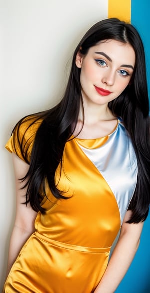 woman, beautiful face, perfect face, blue eyes fully black hair, straight hair, pale white skin, light pale white skin, little smile, perfect, fully hot blue and orange background, hot harlequin orange and hot blue background, saturated harlequin orange and dark blue
, golden objects around, best quality, professional studio lighting, details, canon eos 80d photo, indoor, long dress body covering