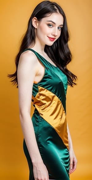 woman, beautiful face, perfect face, blue eyes fully black hair, straight hair, pale white skin, light pale white skin, little smile, perfect, fully hot green and orange background, hot harlequin green and orange background, saturated harlequin orange and dark green
, golden objects around, best quality, professional studio lighting, details, canon eos 80d photo, indoor, long dress body covering