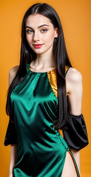 woman, beautiful face, perfect face, blue eyes fully black hair, straight hair, pale white skin, light pale white skin, little smile, perfect, fully hot green and orange background, hot harlequin green and orange background, saturated harlequin orange and dark green
, golden objects around, best quality, professional studio lighting, details, canon eos 80d photo, indoor, long dress body covering