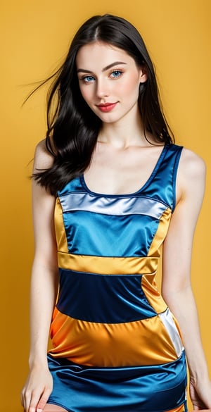 woman, beautiful face, perfect face, blue eyes fully black hair, straight hair, pale white skin, light pale white skin, little smile, perfect, fully hot blue and orange background, hot harlequin orange and hot blue background, saturated harlequin orange and dark blue
, golden objects around, best quality, professional studio lighting, details, canon eos 80d photo, indoor, long dress body covering