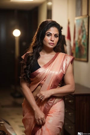 Candid Portrait of a chubby woman, pink saree, sleeveless, cleavage, very long curly hairs, long curly hairs,, shot with nikon 35 mm prime lens, f/1.8, bokkeh,, indoors, beautifully decorated, realism, volumetric lighting, (masterpiece:1.2), (insane quality:1.4), (flawless composition:1.5), (hdr:1.3) , professional photography, (Professional Color Grading), Edge Lighting,Dramatic lighting,Cinematic lighting,Lumen reflections, Soft natural lighting, Soft color, Photon mapping, Radiosity,