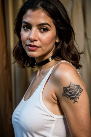 Take a photo of a woman with medium hair, wearing a tank top and a stylish collar or choker accessory, , intriguing tattoo on her arm and her detailed face, especially her detailed nose, should be the focal point of the image. Use the rule of thirds in composition to frame her face beautifully, and enhance the photo with dramatic lighting to add depth and intensity. Place the woman against an intricate background that complements her personality and adds to the overall story of the photograph."