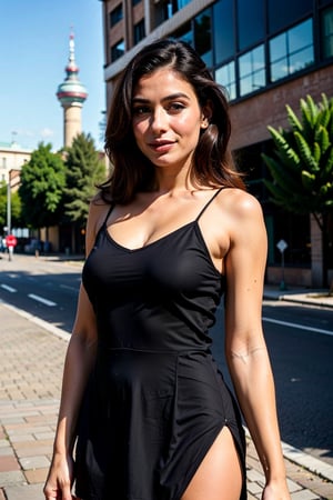 film still, upper body shot, fashion photography, a gorgeous woman in Berlin, sleeveless dress, realistic skin texture, posing with a landmark in the background, masterpiece, shot on FujiFilm gfx, style raw, depth_of_field 