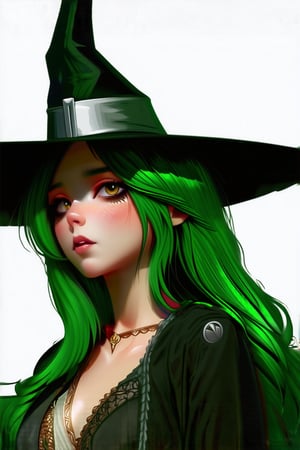 Realistic, 1girl, witch, magical, dark, spell, wizard, dark green hair, hat, silver accents