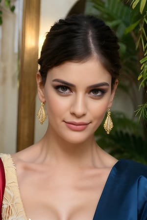 cinematic film still portrait of 25yo woman, upper body, (realistic:1.3), mangalsutra around her neckx jewelry, exotic earrings, jewelry, finely detailed, quality, rembrandt lighting, (masterpiece:1.2), (photorealistic:1.2), (best quality), (detailed skin:1.3), (intricate details), 1girl, wearing precious stone earrings, bangs, busty, closeup, fashion photography, realism , epic, gorgeous, film grain, grainy