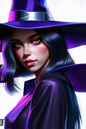 Realistic, 1girl, witch, magical, dark, spell, wizard, dark purple hair, hat, silver accents