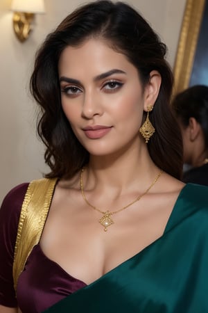 cinematic film still portrait of 25yo woman, upper body, (realistic:1.3), mangalsutra around her neckx jewelry, exotic earrings, jewelry, finely detailed, quality, rembrandt lighting, (masterpiece:1.2), (photorealistic:1.2), (best quality), (detailed skin:1.3), (intricate details), 1girl, wearing precious stone earrings, bangs, busty, closeup, fashion photography, realism , epic, gorgeous, film grain, grainy