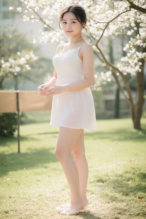 20-year-old Chinese girl, 160cm tall, petite figure with slender build. A-cup bust, beautifully proportioned long legs, flat shoulders with delicate collarbones creating an elegant silhouette. Medium-length black hair, slightly wavy, framing her face with a youthful charm. Refined facial features on a small, subtly oval face. High cheekbones and a delicate jawline. Bright, almond-shaped eyes with long lashes, conveying innocence and curiosity. Nose bridge is straight and refined, with a slightly upturned tip giving her a playful and cute appearance. Full, rosy lips with a natural cupid's bow. Porcelain-like fair skin, smooth and radiant. Slender neck. Graceful hands with long, tapered fingers. Wearing a light, flowy summer dress in pastel colors, accentuating her youthful energy. Natural, minimal makeup enhancing her features. Standing in dappled sunlight filtering through cherry blossom trees, creating a dreamy atmosphere. Soft smile, head tilted slightly, exuding a gentle and approachable aura. Hair gently tousled by a light breeze. On her feet, delicate white ballet flats with a tiny bow detail, complementing her dress and adding to her graceful, feminine appearance. photo realistic, full-body photo shot, Canon EOS R5 f/1.4