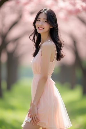 20-year-old Chinese girl, 160cm tall, petite figure with slender build. A-cup bust, beautifully proportioned long legs, flat shoulders with delicate collarbones creating an elegant silhouette. Medium-length black hair, slightly wavy, framing her face with a youthful charm. Refined facial features on a small, subtly oval face. High cheekbones and a delicate jawline. Bright, almond-shaped eyes with long lashes, conveying innocence and curiosity. Nose bridge is straight and refined, with a slightly upturned tip giving her a playful and cute appearance. Full, rosy lips with a natural cupid's bow. Porcelain-like fair skin, smooth and radiant. Slender neck. Graceful hands with long, tapered fingers. Wearing a light, flowy summer dress in pastel colors, accentuating her youthful energy. Natural, minimal makeup enhancing her features. Standing in dappled sunlight filtering through cherry blossom trees, creating a dreamy atmosphere. Soft smile, head tilted slightly, exuding a gentle and approachable aura. Hair gently tousled by a light breeze. On her feet, delicate white ballet flats with a tiny bow detail, complementing her dress and adding to her graceful, feminine appearance. photo realistic, full-body photo shot, Canon EOS R5 f/1.4