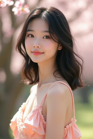 20-year-old Chinese girl, 160cm tall, petite figure with slender build. A-cup bust, beautifully proportioned long legs, flat shoulders with delicate collarbones creating an elegant silhouette. Medium-length black hair, slightly wavy, framing her face with a youthful charm. Refined facial features on a small, subtly oval face. High cheekbones and a delicate jawline. Bright, almond-shaped eyes with long lashes, conveying innocence and curiosity. Nose bridge is straight and refined, with a slightly upturned tip giving her a playful and cute appearance. Full, rosy lips with a natural cupid's bow. Porcelain-like fair skin, smooth and radiant. Slender neck. Graceful hands with long, tapered fingers. Wearing a light, flowy summer dress in pastel colors, accentuating her youthful energy. Natural, minimal makeup enhancing her features. Standing in dappled sunlight filtering through cherry blossom trees, creating a dreamy atmosphere. Soft smile, head tilted slightly, exuding a gentle and approachable aura. Hair gently tousled by a light breeze. full-body shot, Canon EF 85mm f/1.4