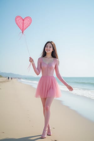 beach sunny day, gorgeous Japanese girl in pink stocking, flying a heart shape kite, low camera positio, natural day light, full body, close-up shot. delicate details face and body, super model posture.