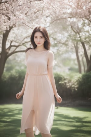 20-year-old Chinese girl, 160cm tall, petite figure with slender build. A-cup bust, beautifully proportioned long legs, flat shoulders with delicate collarbones creating an elegant silhouette. Medium-length black hair, slightly wavy, framing her face with a youthful charm. Refined facial features on a small, subtly oval face. High cheekbones and a delicate jawline. Bright, almond-shaped eyes with long lashes, conveying innocence and curiosity. Nose bridge is straight and refined, with a slightly upturned tip giving her a playful and cute appearance. Full, rosy lips with a natural cupid's bow. Porcelain-like fair skin, smooth and radiant. Slender neck. Graceful hands with long, tapered fingers. Wearing a light, flowy summer dress in pastel colors, accentuating her youthful energy. Natural, minimal makeup enhancing her features. Standing in dappled sunlight filtering through cherry blossom trees, creating a dreamy atmosphere. Soft smile, head tilted slightly, exuding a gentle and approachable aura. Hair gently tousled by a light breeze. On her feet, delicate white ballet flats with a tiny bow detail, complementing her dress and adding to her graceful, feminine appearance. photo realistic, full-body photo shot, Canon EOS R5 f/1.4