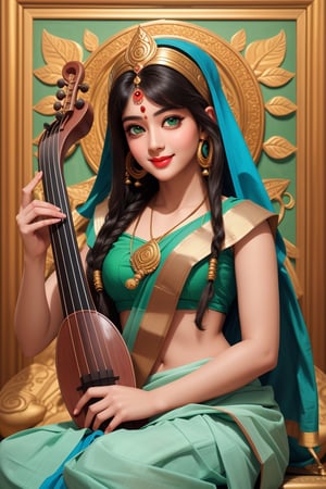 ((inida goddess)),(((sarasvati))) ,beauty,white skin,smile,wears white and golsensaree, seated, (((((playing musical instrument pipa)))),

(RAW photo, best quality), (realistic, photo-Realistic:1.3),  best quality, masterpiece,

Protrait, photograph, androgynous hunnuman, oval jaw, delicate features, beautiful face, dreadlocked hair, long bangs,bright blue-green eyes, (hindu art),high nose bridge,Silkworm eyes,
