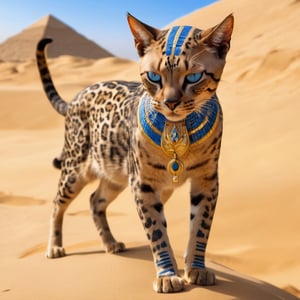 Masterpiece, best, desert,  mysterious Egyptian cat, medium short-haired cat, the cat has leopard print, long limbs, pyramid,riding  a scorpion,animals, animal photography, smooth hair, one eye is blue and one eye is yellow, very high detail,bangerooo