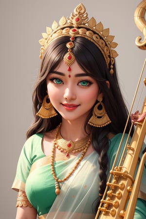 ((inida goddess)),(((sarasvati))) ,beauty,white skin,smile,wears white and golsensaree, seated, 
(((((playing musical instrument pipa)))),
(((((playing musical instrument pipa)))),

(RAW photo, best quality), (realistic, photo-Realistic:1.3),  best quality, masterpiece,

Protrait, photograph, androgynous hunnuman, oval jaw, delicate features, beautiful face, dreadlocked hair, long bangs,bright blue-green eyes, (hindu art),high nose bridge,Silkworm eyes,
