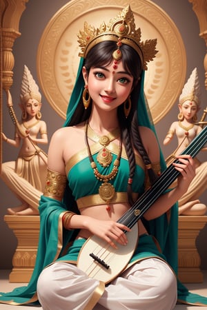 ((inida goddess)),(((sarasvati))) ,beauty,white skin,smile,wears white and golsensaree, seated, (((((playing musical instrument pipa)))),

(RAW photo, best quality), (realistic, photo-Realistic:1.3),  best quality, masterpiece,

Protrait, photograph, androgynous hunnuman, oval jaw, delicate features, beautiful face, dreadlocked hair, long bangs,bright blue-green eyes, (hindu art),high nose bridge,Silkworm eyes,
