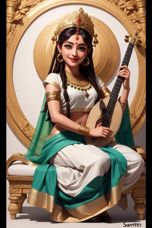 ((inida goddess)),(((sarasvati))) ,beauty,white skin,smile,wears white and golsensaree, seated, 
(((((playing musical instrument pipa)))),
(((((playing musical instrument pipa)))),
(((((playing musical instrument pipa)))),
full body photo, thin full body,

(RAW photo, best quality), (realistic, photo-Realistic:1.3),  best quality, masterpiece,

Protrait, photograph, androgynous hunnuman, oval jaw, delicate features, beautiful face, dreadlocked hair, long bangs,bright blue-green eyes, (hindu art),high nose bridge,Silkworm eyes,
