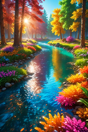 Canon EOS 5D Mark IV, a photo of a river with trees and a sun, colorful landscape painting, colorful, vibrant, vivid, beautiful fantasy painting, surreal colors, dream scenery, uhd 8k, romanticism landscape painting, colorful image, illusion, hidden image, by RHADS, hypermaximalist, alluring, cinemascope, dynamic lighting, ray-tracing, behance, subpixel reticulation, chroma-key, grandiose, hypermaximalism.    
