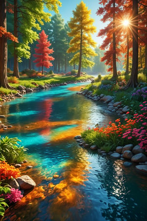 Canon EOS 5D Mark IV, a photo of a river with trees and a sun, colorful landscape painting, colorful, vibrant, vivid, beautiful fantasy painting, surreal colors, dream scenery, uhd 8k, romanticism landscape painting, colorful image, illusion, hidden image, by RHADS, hypermaximalist, alluring, cinemascope, dynamic lighting, ray-tracing, behance, subpixel reticulation, chroma-key, grandiose, hypermaximalism.    
