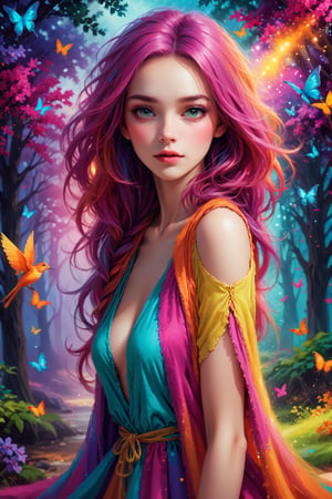 create a mysterious, captivating image, background is bright and colourful