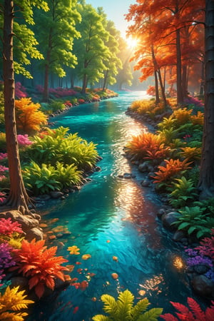 Canon EOS 5D Mark IV, a photo of a river with trees and a sun, colorful landscape painting, colorful, vibrant, vivid, beautiful fantasy painting, surreal colors, dream scenery, uhd 8k, romanticism landscape painting, colorful image, illusion, hidden image, by RHADS, hypermaximalist, alluring, cinemascope, dynamic lighting, ray-tracing, behance, subpixel reticulation, chroma-key, grandiose, hypermaximalism.    
