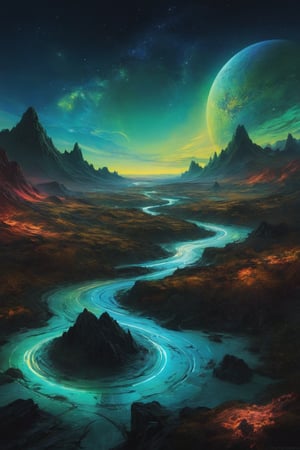 A stunningly mesmerizing illustration of an otherworldly planet's landscape, illuminated by vibrant neon lights, skillfully created by the talented artists Josias Severo and Anton Pieck, showcases an alien terrain of awe-inspiring beauty. The fluorescent hues cast an ethereal glow upon the surreal scenery, accentuating the exotic flora and extraterrestrial rock formations. Each brushstroke skillfully blends precise details with imaginative imagination, resulting in a vivid and breathtaking visual experience.