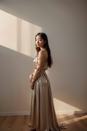 High-key photography portrait of a young Asian woman, wearing a flowing silk gown, in a minimalist art gallery, standing serenely eye level angle, high exposure, soft-focus lens, bright ambient lighting, subtle shadows, high-key color palette
