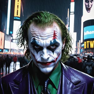 close up portrait The Joker from Batman in the middle of Times Square, staring right at the camera as unsuspecting pedestrians walk by, cyberpunk, insidious, scary, atmospheric, neon lights, rain, full-body, 14mm, noir