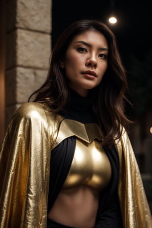 medium shot of Asian queen, beautiful , looking up, golden armour, black cape, fur collar, soft lighting, film grain, from above, upper body, epiCPhoto, , , , , 
