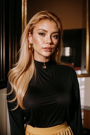 extreme close-up photo of ginger woman with Ruby earrings, lovely eyes, blonde hair, in her 20s, her skirt is gold and black, her blouse obsidian with long sleeves, around her neck there's emo choker,Kodak Ektar 100