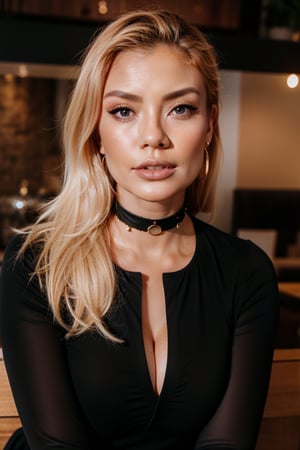 extreme close-up photo of ginger woman with Ruby earrings, lovely eyes, blonde hair, in her 20s, her skirt is gold and black, her blouse obsidian with long sleeves, around her neck there's emo choker,Sony A7R