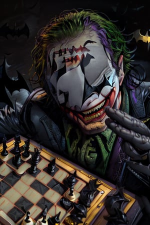 (Joker laughing playing chess with Batman:1.6), (dark:1.2), (cinematic atmosphere:1.2), RAW photo shot by DSLR Fuji-film XT3 depth of field, soft lighting film grain photography Realistic photo-realistic Lifelike, (detailed clothes photo background), (full sharp:1.2), intricate 4k 8k quality resolution UHD, extremally ultra textures, Centered, digital art
