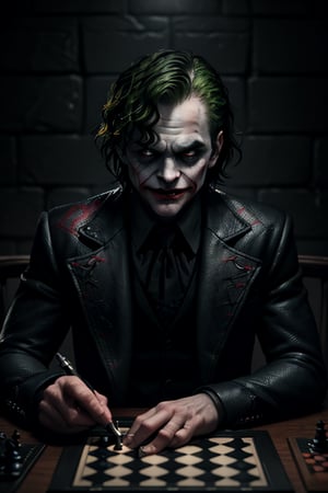 A dark, cinematic atmosphere envelops the scene as Joker's maniacal laughter echoes through the air. Batman, stoic and focused, studies his chessboard opponent across a dimly lit table from a RAW photo shot by DSLR Fuji-film XT3. Soft lighting casts a warm glow on the intricately detailed clothes and rich textures of the photo background. The camera zooms in, centered on the intense stare-down between Joker and Batman, with full sharp resolution and 4K/8K quality. The image is rendered in lifelike detail, with extreme ultra textures that seem almost three-dimensional.