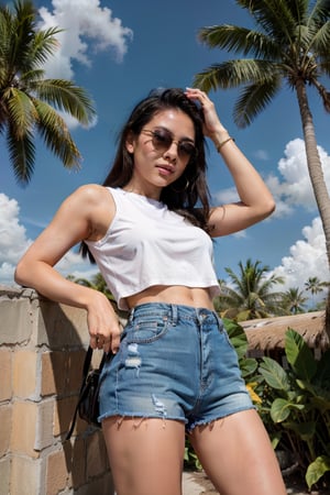 Impudent summer fashion. Very Low angle black and white photo of an asian  woman wearing denim shorts and sunglasses, standing in the middle of palm trees on a tropical island, sky background, low-angle shot, dynamic pose, natural lighting, full body shot. --ar 17:22 --style raw --s 500 --p 7myp5x5