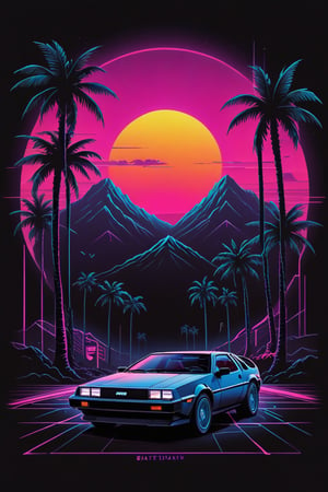 a minimalist and high-contrast print design inspired by the Synthwave genre and the aesthetics of the 80s, utilizing vibrant neon colors against a deep black background, incorporating the Delorean Car from Back to the future movie, iconic symbols such as palm trees, and emphasizing geometric shapes and sharp lines for a sleek and modern look, keeping the design clean and focused, capturing the essence of Synthwave's nostalgic vibe with a contemporary twist.


















































