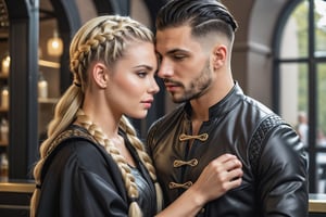 Handsome european Male and beautiful female, (male has very short black hair with undercut hairstyle), (female has blonde braided hair),