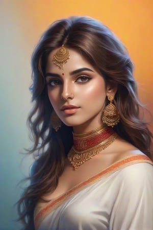 female, indian women,wearing  sharee, realistic, fashionable, portrait background, realism, dramatic lighting medium hair, detailed face, detailed nose, color of choker.