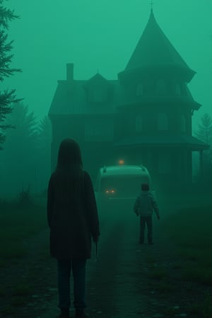 1 girl, 1 ghost boy, standing near the ghost house, russia, russian village, ratlook car vaz 2105, scary, horror, nightmare, cinematic light, 8k resolution, dark art, horror atmosphere, silent hill atmosphere! Green filter, fog,reburbanback,disney style, neon lights, chirch, cyberpunk, 