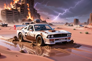 Ferrari car on 6 big wheels from Big Foot, mud tires, large kangaroo, roof rack, driving through an abandoned city in the desert, destroyed houses, sand, dust, sandstorm, thunderstorm, fire from exhaust pipes,scrap metal,rusty car,crossout craft,realism
